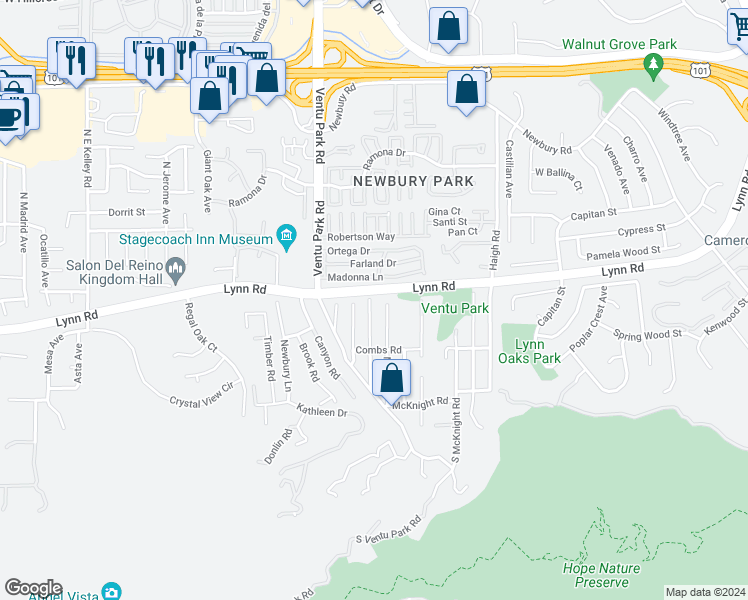 map of restaurants, bars, coffee shops, grocery stores, and more near 126 Beech Road in Thousand Oaks
