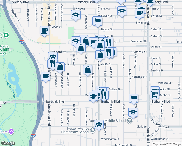 map of restaurants, bars, coffee shops, grocery stores, and more near 5815 Saloma Avenue in Los Angeles