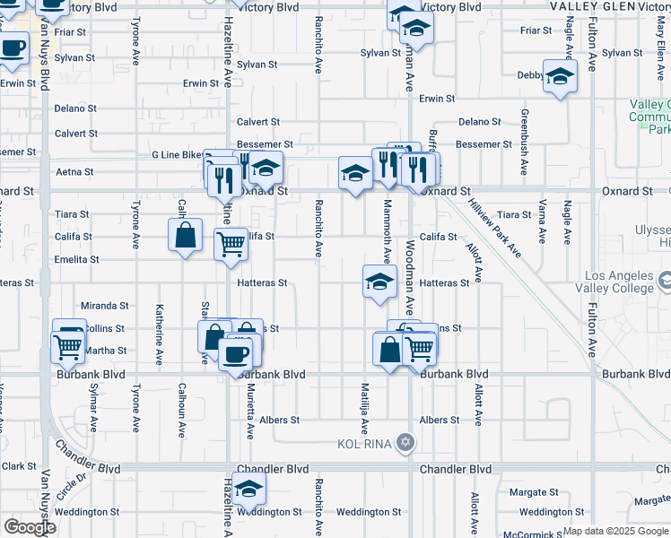 map of restaurants, bars, coffee shops, grocery stores, and more near 5817 Cantaloupe Avenue in Los Angeles