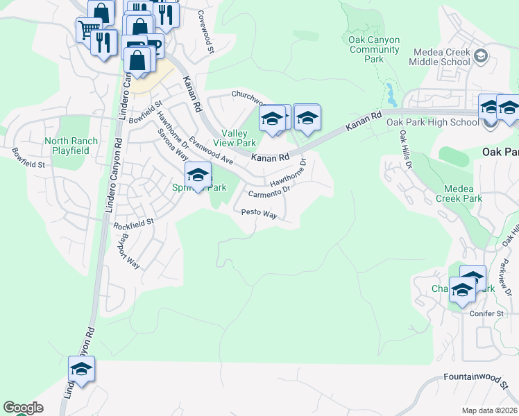 map of restaurants, bars, coffee shops, grocery stores, and more near 5177 Pesto Way in Oak Park