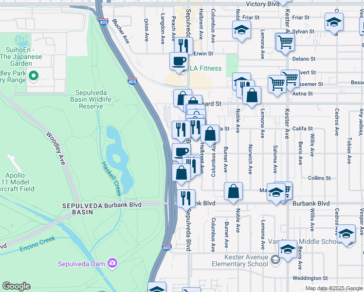 map of restaurants, bars, coffee shops, grocery stores, and more near 5805 Sepulveda Boulevard in Los Angeles