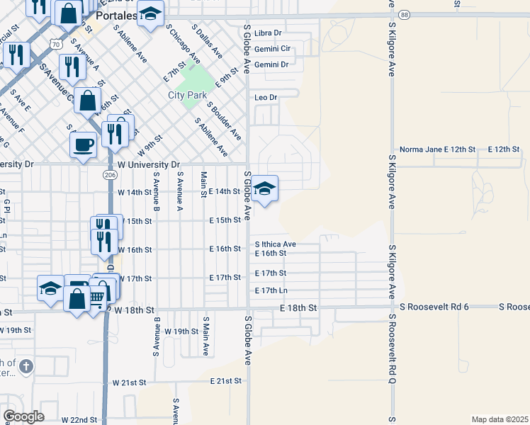 map of restaurants, bars, coffee shops, grocery stores, and more near 1415 South Globe Avenue in Portales