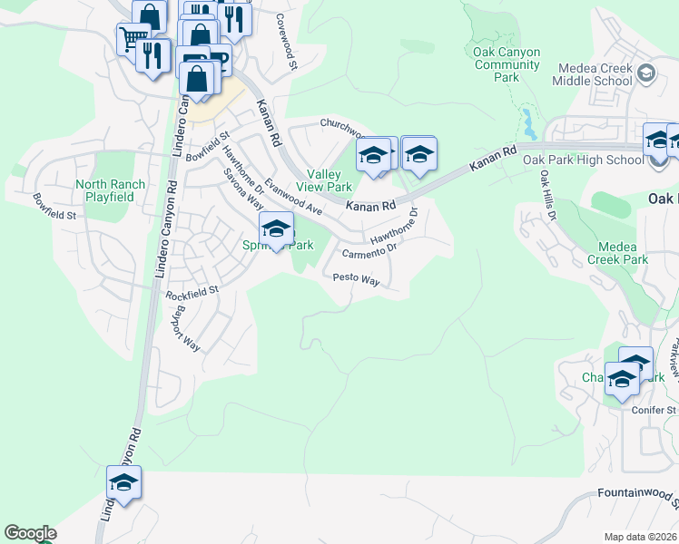 map of restaurants, bars, coffee shops, grocery stores, and more near 5133 Pesto Way in Oak Park