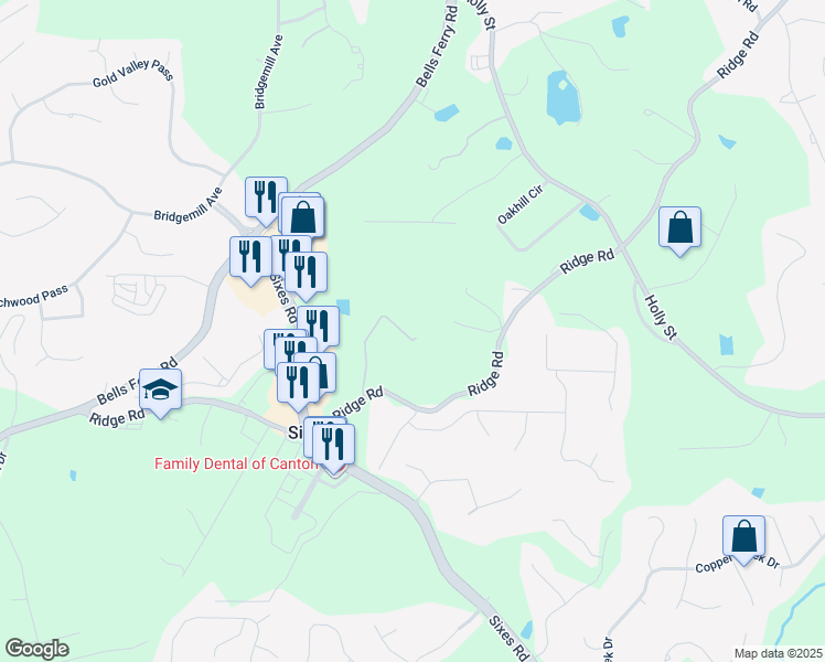map of restaurants, bars, coffee shops, grocery stores, and more near 305 Ridge Road in Canton