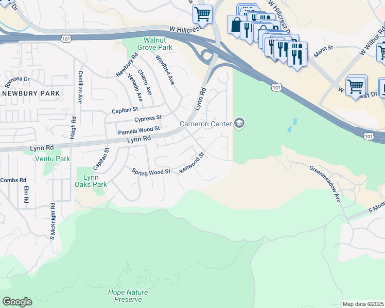 map of restaurants, bars, coffee shops, grocery stores, and more near 607 White Oak Lane in Thousand Oaks