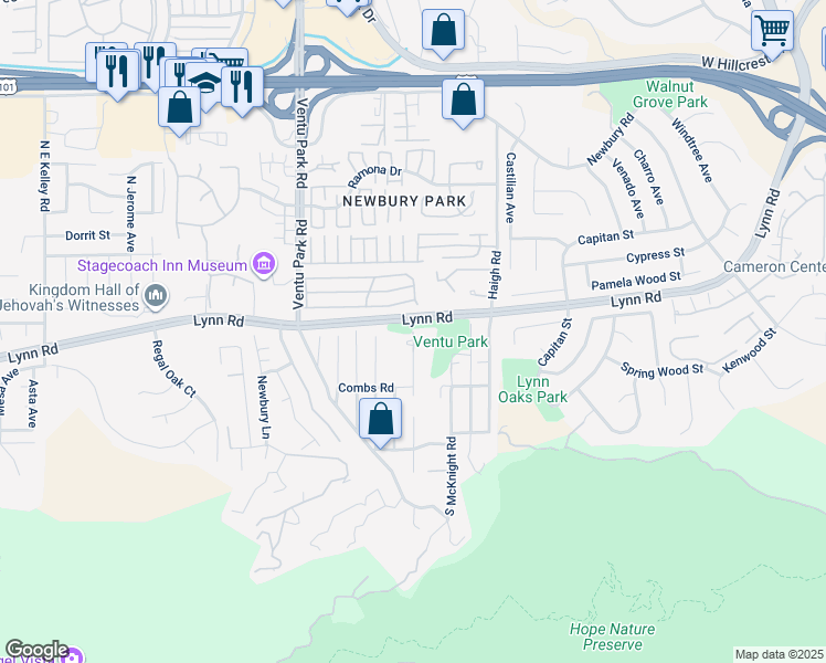map of restaurants, bars, coffee shops, grocery stores, and more near 2 Midbury Hill Road in Ventura County