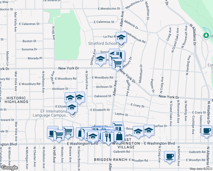 map of restaurants, bars, coffee shops, grocery stores, and more near 1820 Atchison Street in Pasadena