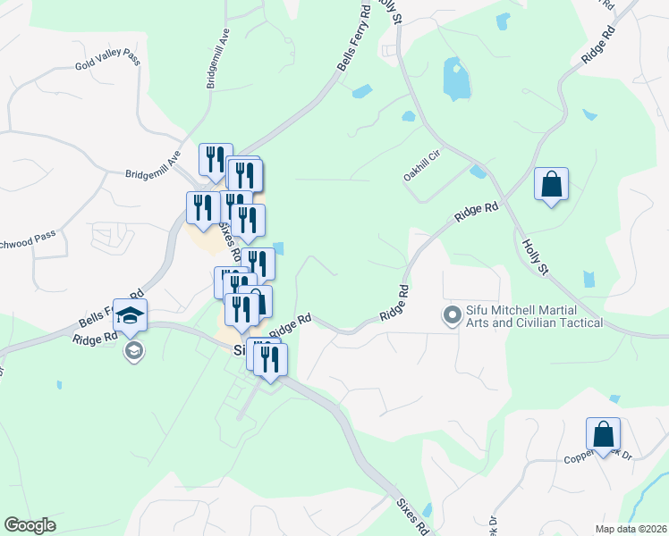 map of restaurants, bars, coffee shops, grocery stores, and more near 305 Ridge Road in Canton
