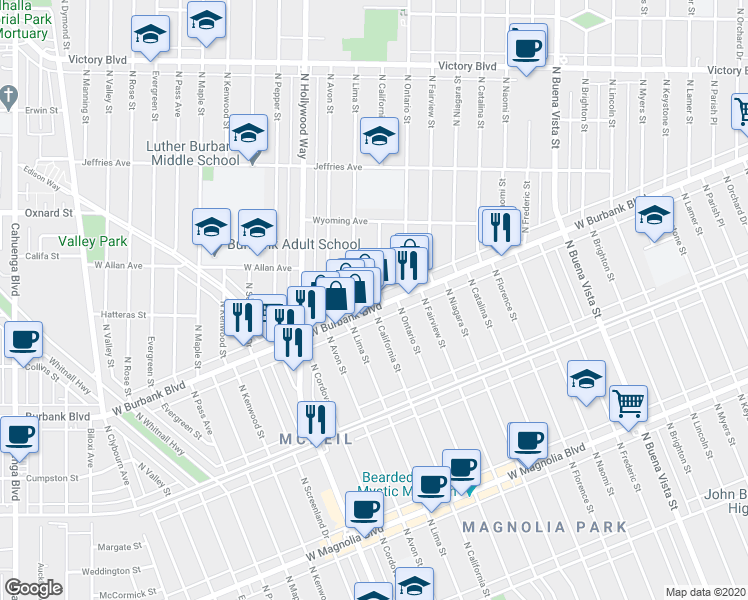 map of restaurants, bars, coffee shops, grocery stores, and more near 3210 West Burbank Boulevard in Burbank