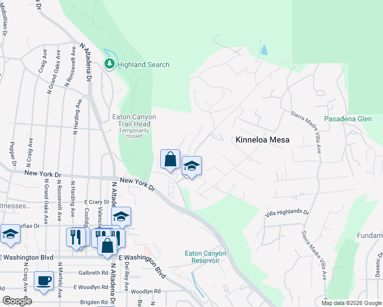 map of restaurants, bars, coffee shops, grocery stores, and more near 1805 Kinneloa Canyon Road in Pasadena