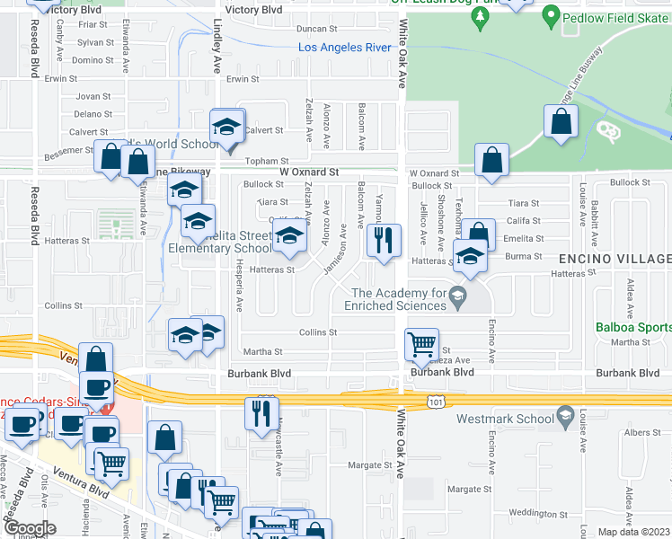 map of restaurants, bars, coffee shops, grocery stores, and more near 5826 Jamieson Avenue in Los Angeles