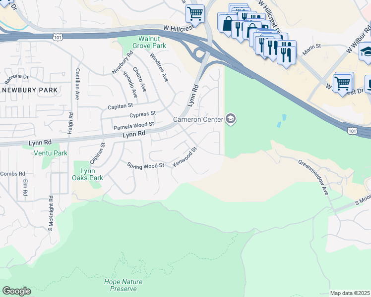 map of restaurants, bars, coffee shops, grocery stores, and more near 607 White Oak Lane in Thousand Oaks