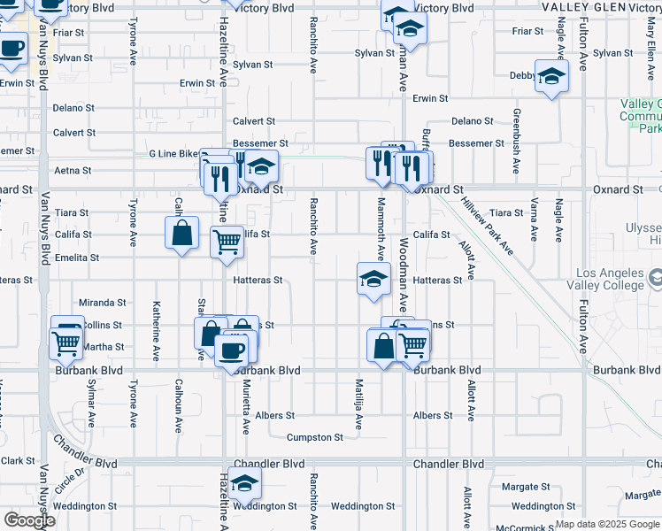 map of restaurants, bars, coffee shops, grocery stores, and more near 5817 Cantaloupe Avenue in Los Angeles