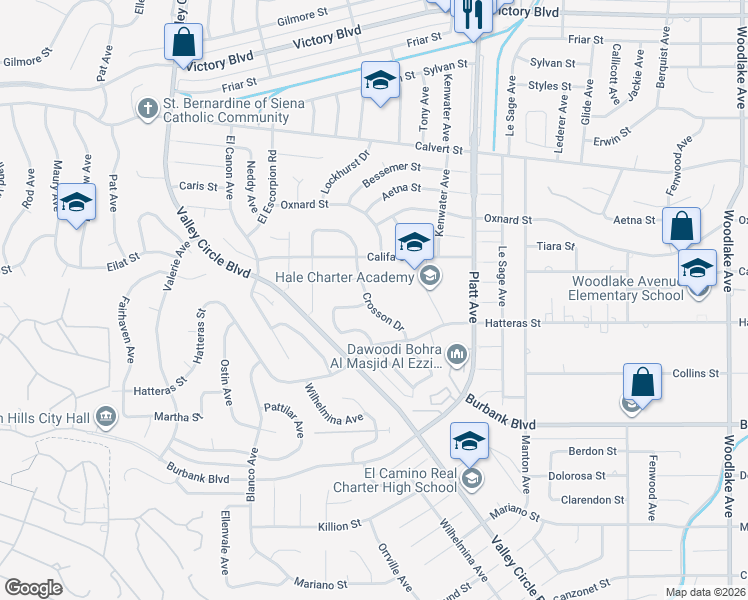map of restaurants, bars, coffee shops, grocery stores, and more near 23843 Crosson Drive in Los Angeles