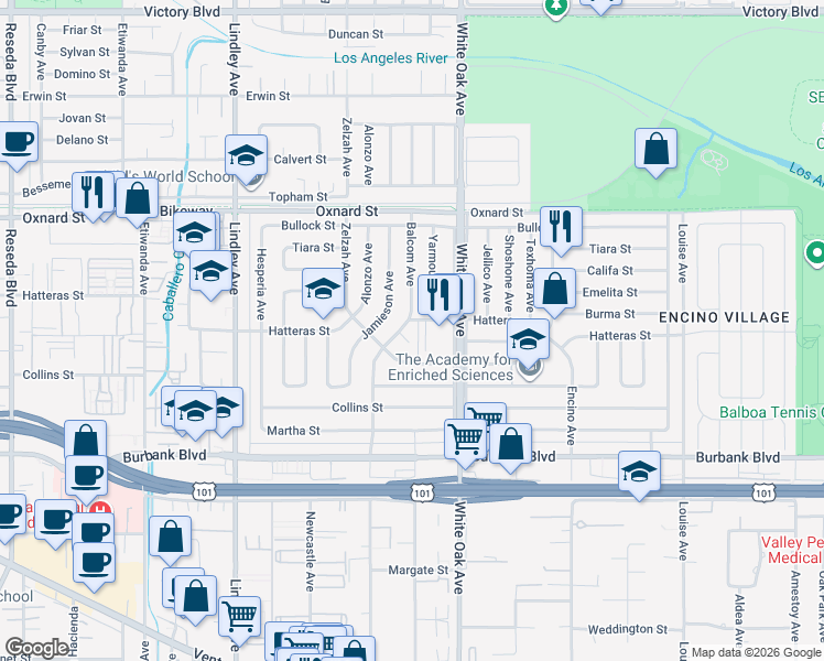 map of restaurants, bars, coffee shops, grocery stores, and more near 5834 Balcom Avenue in Los Angeles