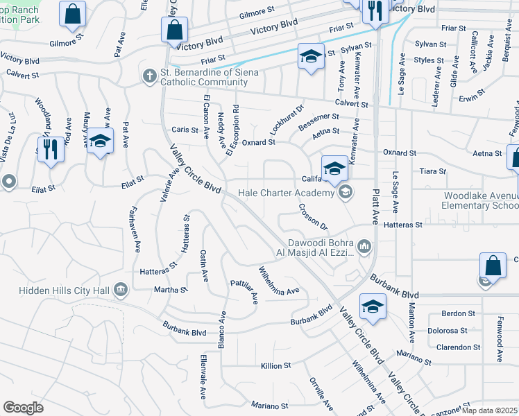 map of restaurants, bars, coffee shops, grocery stores, and more near 5817 Lockhurst Drive in Los Angeles