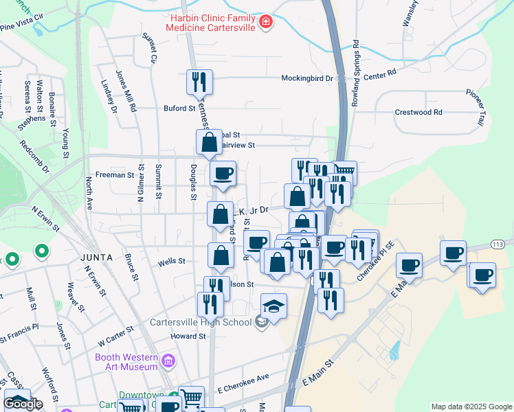 map of restaurants, bars, coffee shops, grocery stores, and more near 508 Martin Luther King Junior Drive in Cartersville