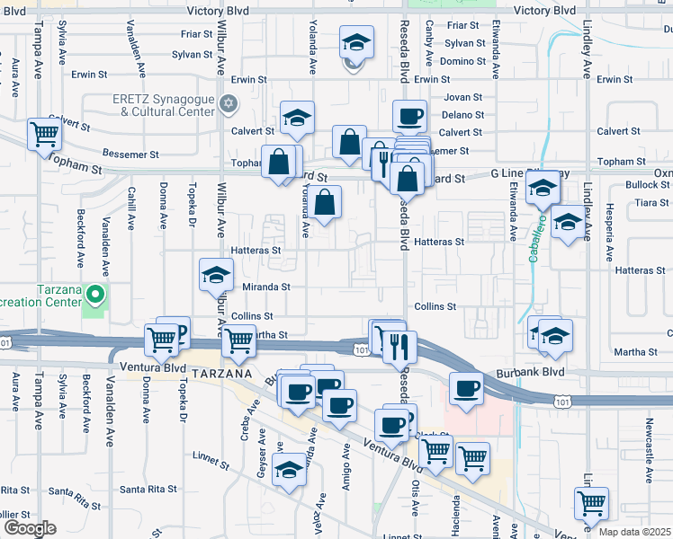 map of restaurants, bars, coffee shops, grocery stores, and more near 18620 Hatteras Street in Los Angeles