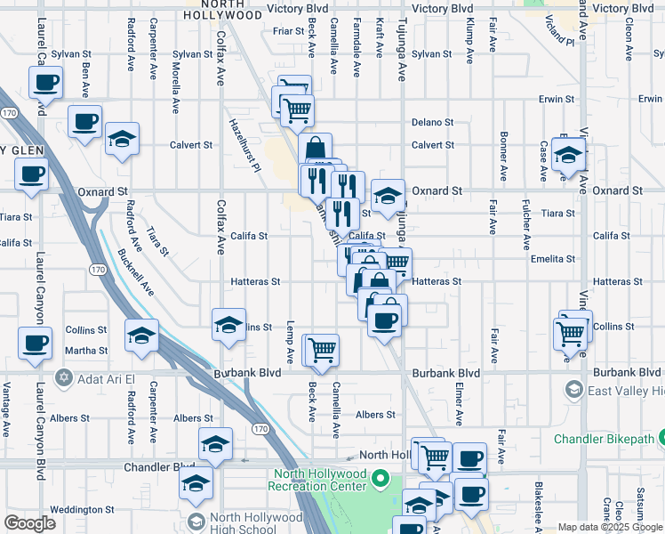 map of restaurants, bars, coffee shops, grocery stores, and more near 11523 Hatteras Street in Los Angeles