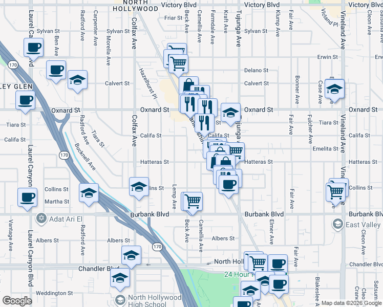 map of restaurants, bars, coffee shops, grocery stores, and more near 11523 Hatteras Street in Los Angeles