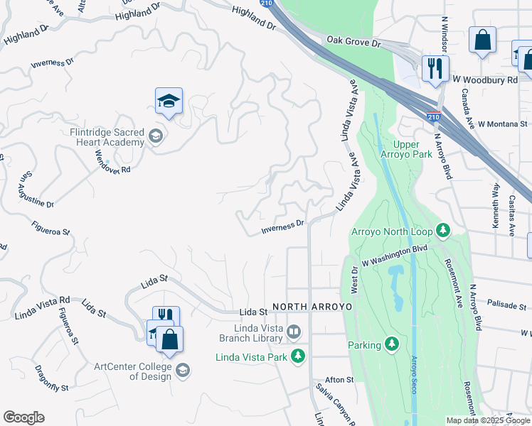 map of restaurants, bars, coffee shops, grocery stores, and more near 1679 Crofton Way in Pasadena