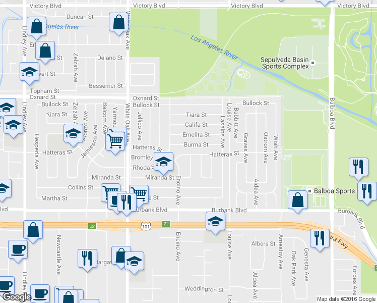 map of restaurants, bars, coffee shops, grocery stores, and more near 17429 Hatteras Street in Los Angeles