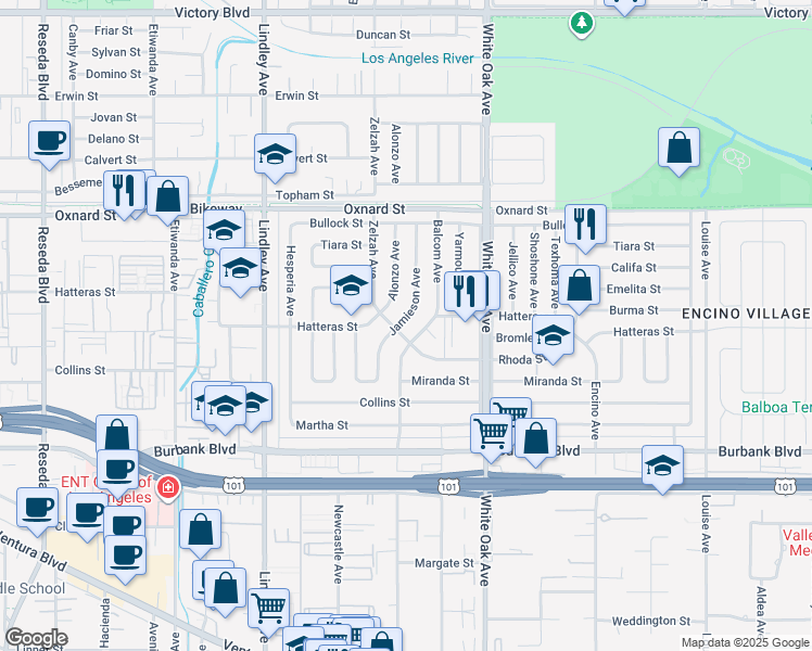 map of restaurants, bars, coffee shops, grocery stores, and more near 5826 Jamieson Avenue in Los Angeles