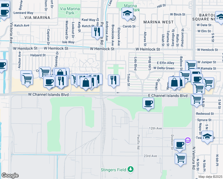 map of restaurants, bars, coffee shops, grocery stores, and more near 321 West Channel Islands Boulevard in Port Hueneme