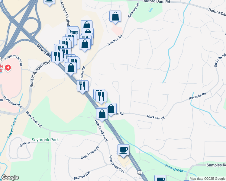 map of restaurants, bars, coffee shops, grocery stores, and more near 2797 Middlecreek Way in Cumming