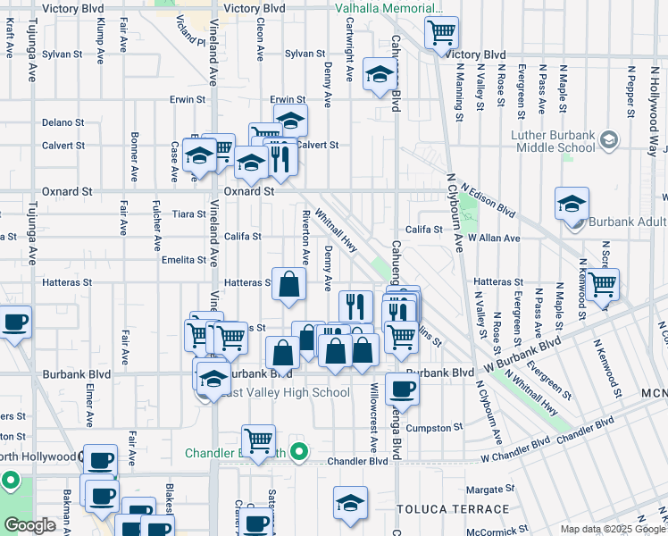 map of restaurants, bars, coffee shops, grocery stores, and more near 5820 Denny Avenue in Los Angeles