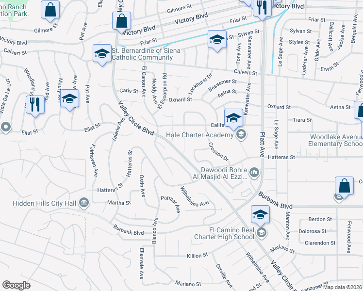 map of restaurants, bars, coffee shops, grocery stores, and more near 5817 Lockhurst Drive in Los Angeles