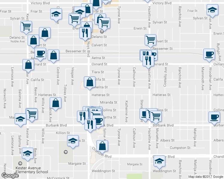map of restaurants, bars, coffee shops, grocery stores, and more near 14328 Emelita Street in Los Angeles