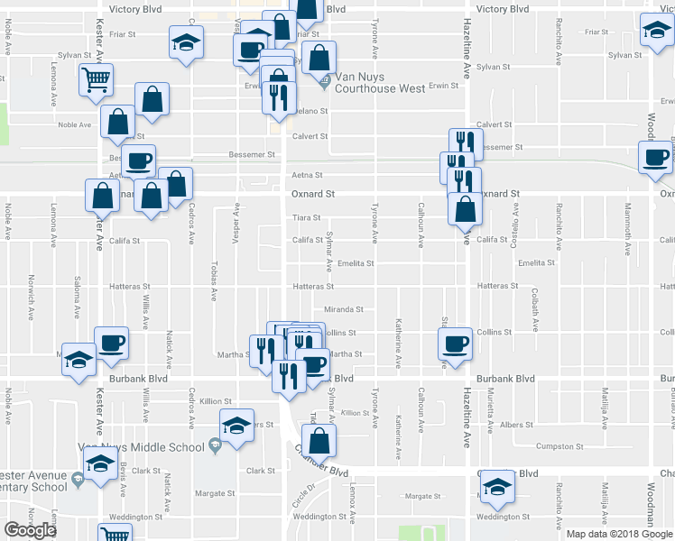 map of restaurants, bars, coffee shops, grocery stores, and more near 14354 Emelita Street in Los Angeles