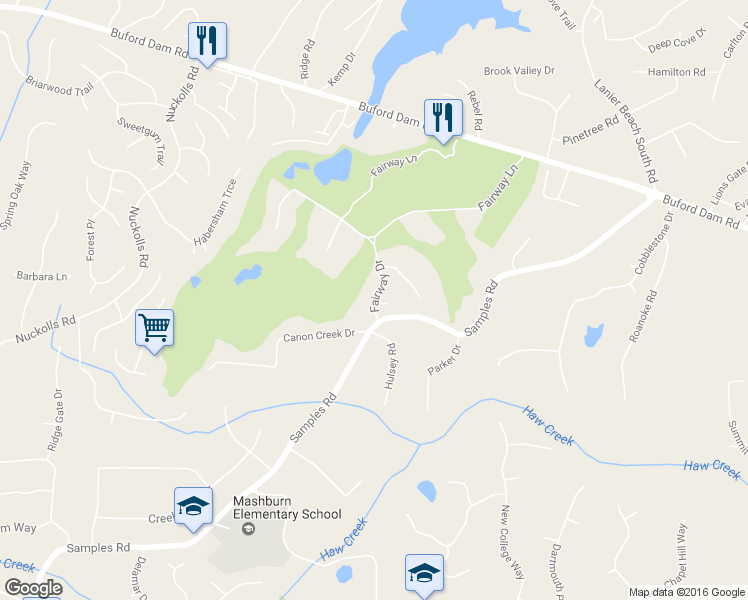 map of restaurants, bars, coffee shops, grocery stores, and more near 3482 Fairway Drive in Cumming