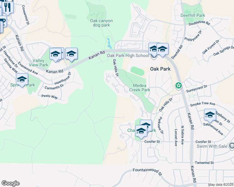 map of restaurants, bars, coffee shops, grocery stores, and more near 583 Calle De Las Ovejas in Oak Park
