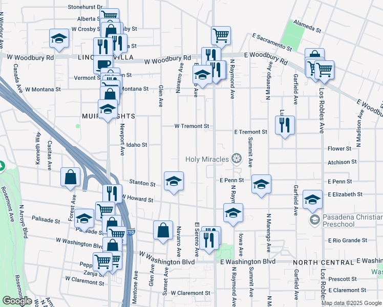 map of restaurants, bars, coffee shops, grocery stores, and more near 1750 El Sereno Avenue in Pasadena