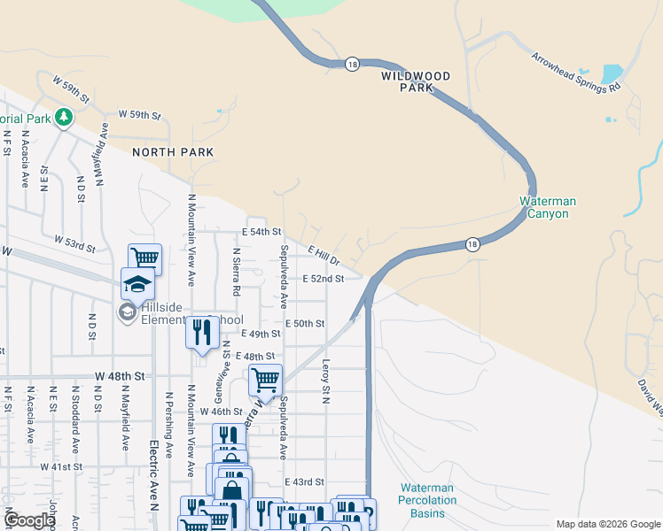 map of restaurants, bars, coffee shops, grocery stores, and more near 257 East Hill Drive in San Bernardino