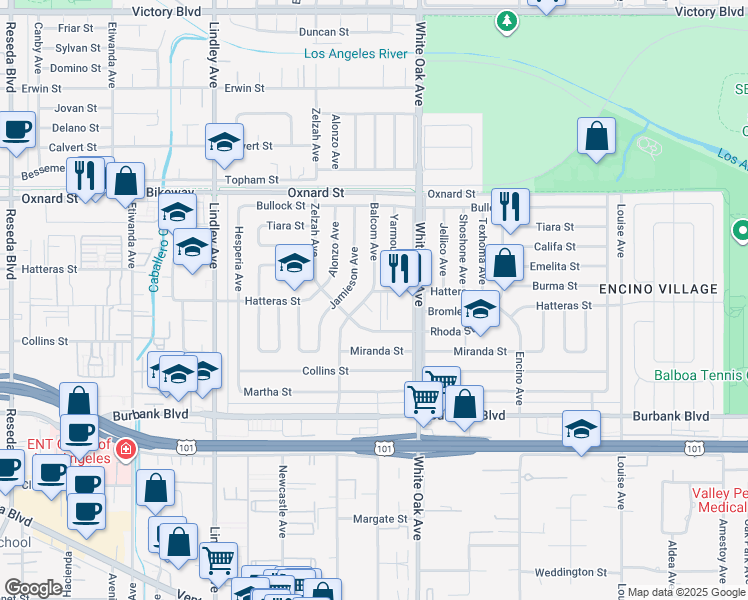 map of restaurants, bars, coffee shops, grocery stores, and more near 17812 Bromley Court in Los Angeles