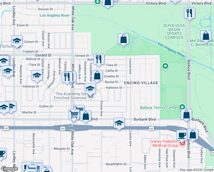 map of restaurants, bars, coffee shops, grocery stores, and more near 17429 Hatteras Street in Los Angeles