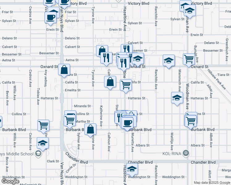 map of restaurants, bars, coffee shops, grocery stores, and more near 14136 Emelita Street in Los Angeles