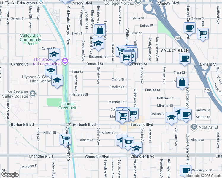 map of restaurants, bars, coffee shops, grocery stores, and more near 12549 Hatteras Street in Los Angeles