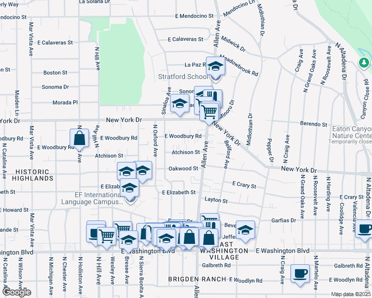 map of restaurants, bars, coffee shops, grocery stores, and more near 1750 Atchison Street in Pasadena