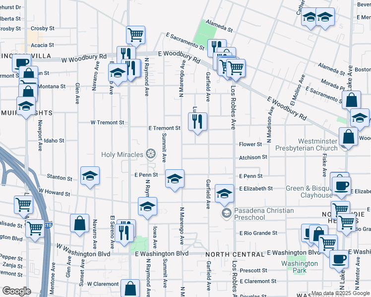 map of restaurants, bars, coffee shops, grocery stores, and more near 225 Atchison Street in Pasadena