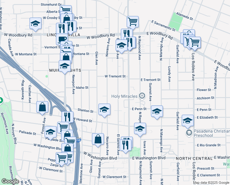 map of restaurants, bars, coffee shops, grocery stores, and more near 1750 El Sereno Avenue in Pasadena