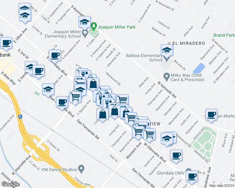 map of restaurants, bars, coffee shops, grocery stores, and more near 1148 Linden Avenue in Glendale