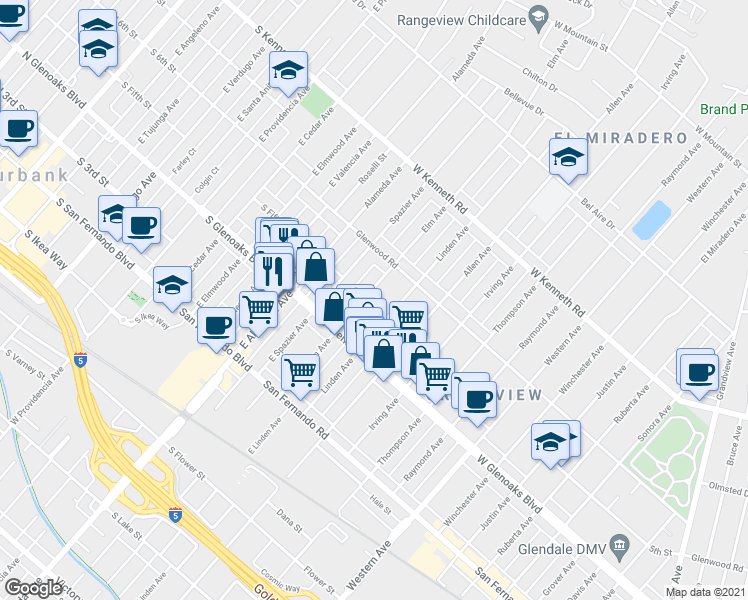 map of restaurants, bars, coffee shops, grocery stores, and more near 1128 Elm Avenue in Glendale