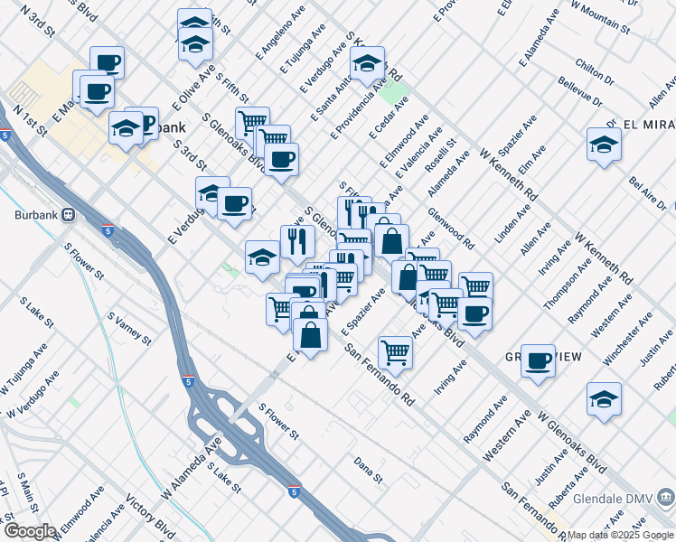 map of restaurants, bars, coffee shops, grocery stores, and more near 303 East Alameda Avenue in Burbank