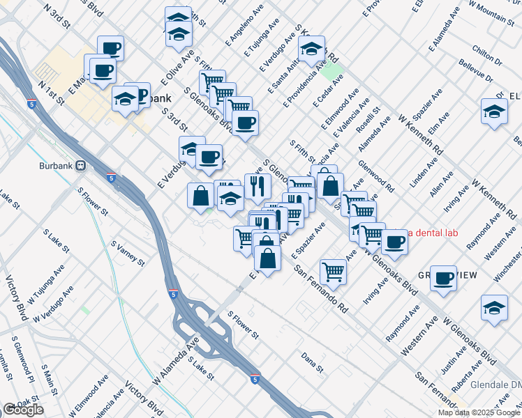 map of restaurants, bars, coffee shops, grocery stores, and more near 221 East Valencia Avenue in Burbank