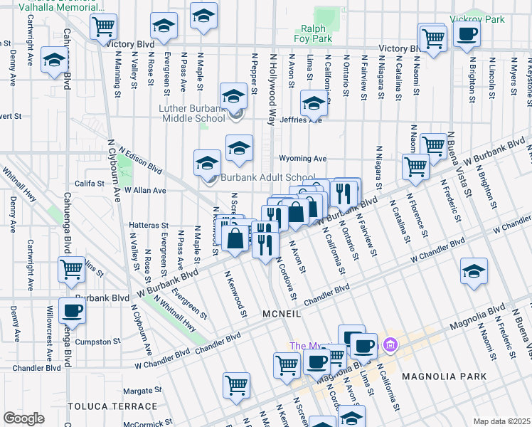 map of restaurants, bars, coffee shops, grocery stores, and more near 1434 North Pepper Street in Burbank