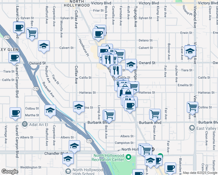 map of restaurants, bars, coffee shops, grocery stores, and more near 11523 Hatteras Street in Los Angeles